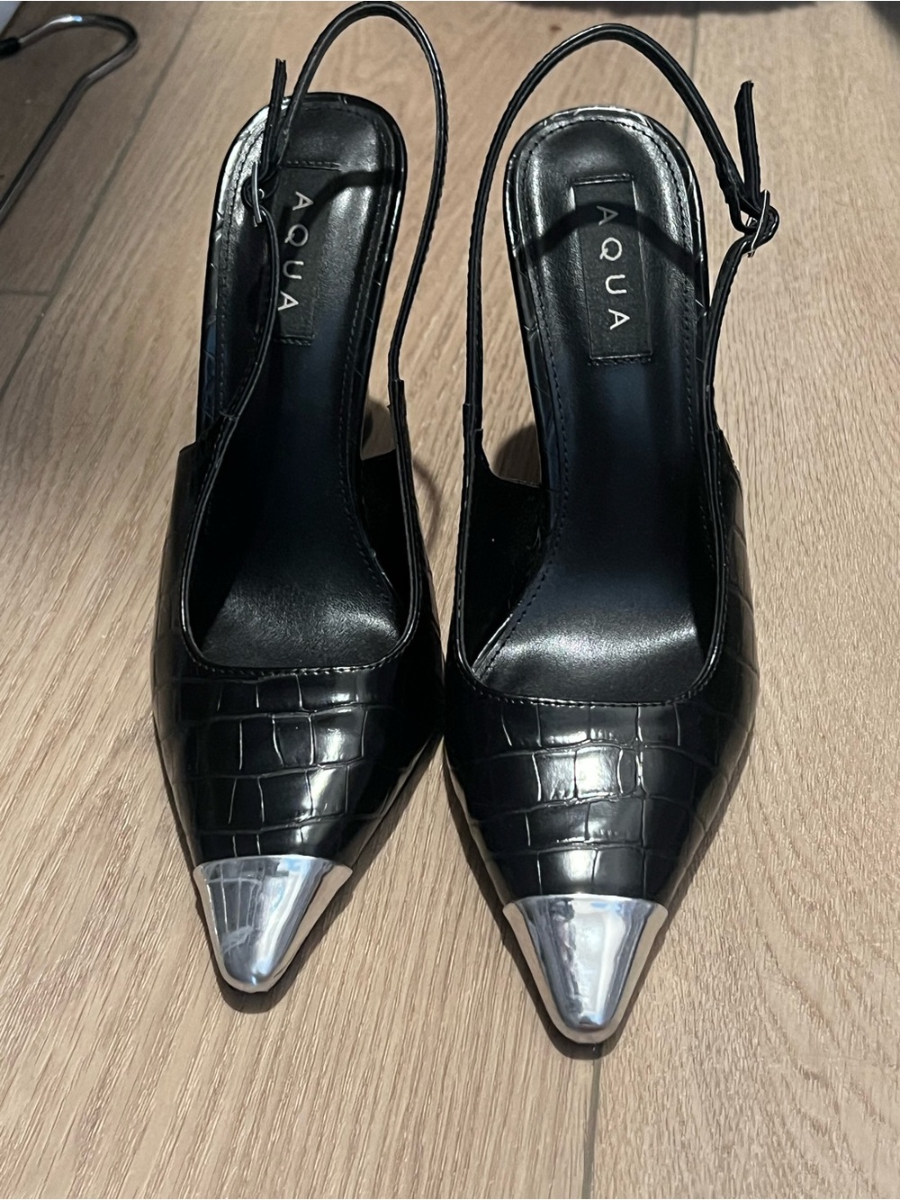 Aqua Black Croc-Embossed Slingback Pumps with Silver Toe Cap